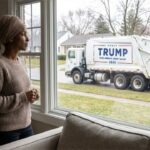 Ilhan Omar inside of her home staring out window at Trump's garbage truck.