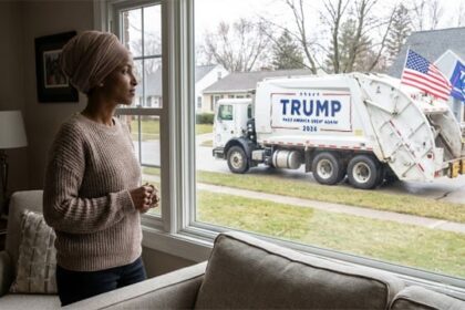 Ilhan Omar inside of her home staring out window at Trump's garbage truck.