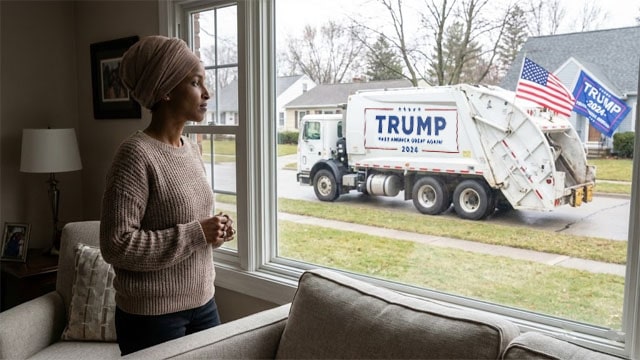 Ilhan Omar inside of her home staring out window at Trump's garbage truck.