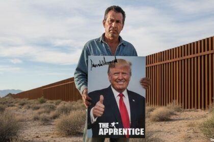 Illegal alien holding a photo of Donald Trump on The Apprentice.