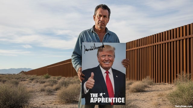 Illegal alien holding a photo of Donald Trump on The Apprentice.