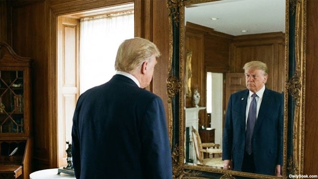 Donald Trump staring into a mirror in a large room.