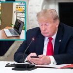 Donald Trump in the Oval Office staring at his phone with an insert of a Nigerian prince.