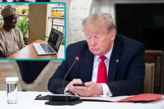 Donald Trump in the Oval Office staring at his phone with an insert of a Nigerian prince.