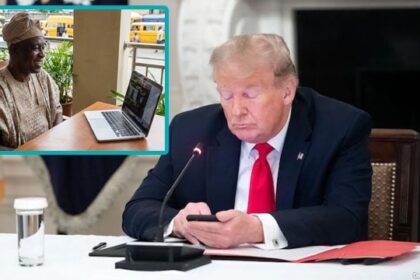 Donald Trump in the Oval Office staring at his phone with an insert of a Nigerian prince.