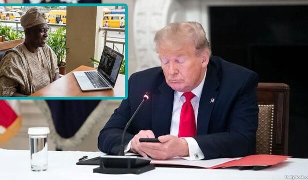 Donald Trump in the Oval Office staring at his phone with an insert of a Nigerian prince.