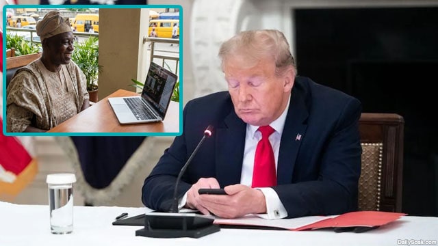 Donald Trump in the Oval Office staring at his phone with an insert of a Nigerian prince.