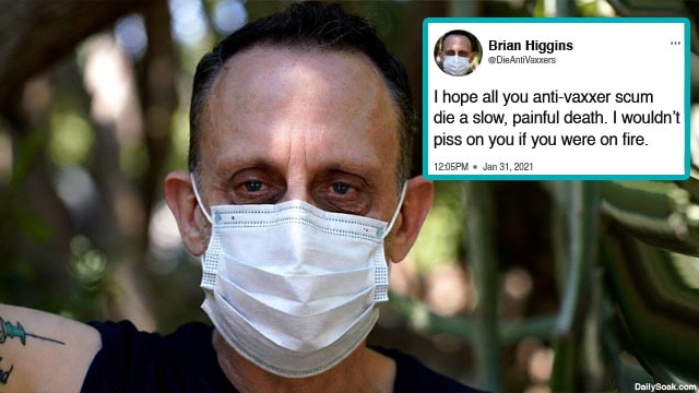 COVID Vaccinated man wearing a medical mask angry at the unvaccinated.