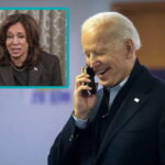 Joe Biden on phone as Kamala Harris is standing in front of a male ICE agent.