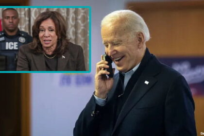 Joe Biden on phone as Kamala Harris is standing in front of a male ICE agent.