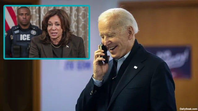 Joe Biden on phone as Kamala Harris is standing in front of a male ICE agent.