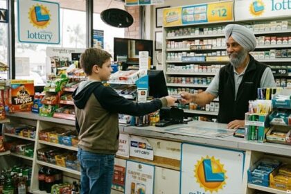 Young boy inside of a California convenience store purchasing tobacco.