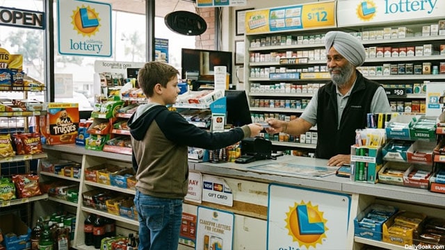 Young boy inside of a California convenience store purchasing tobacco.