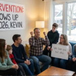 Family of Canadians inside of their home sitting on couch holding intervention.