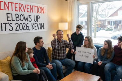 Family of Canadians inside of their home sitting on couch holding intervention.
