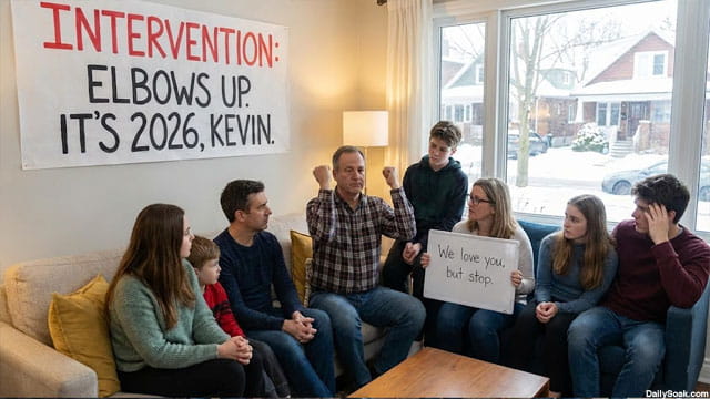 Family of Canadians inside of their home sitting on couch holding intervention.
