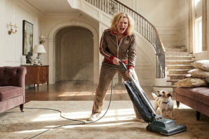 Celebrities vacuuming inside of their large mansions.