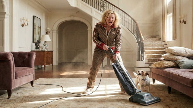 Celebrities vacuuming inside of their large mansions.
