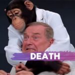 Chimpanzee wearing a white lab coat strangling a man inside of a chiropractor's office.