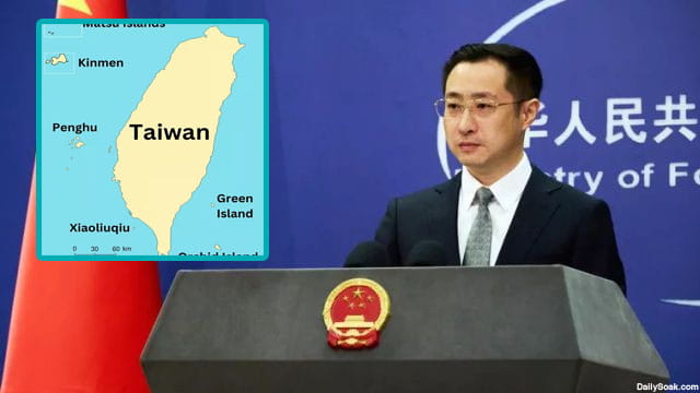 China foreign male minister on stage speaking on President Trump buying Greenland.