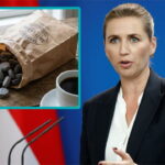 Denmark female prime minister giving a speech on US Greenland with an insert of black salty licorice.