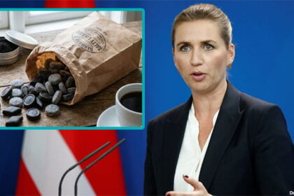 Denmark female prime minister giving a speech on US Greenland with an insert of black salty licorice.