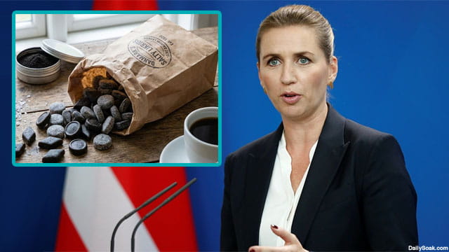Denmark female prime minister giving a speech on US Greenland with an insert of black salty licorice.