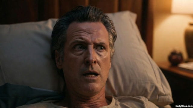 Gavin Newsom in bed waking up petrified from a nightmare.
