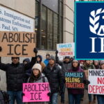 Minnesota protesters on the snowy streets protesting against ICE immigration, with an insert of IRS logo.