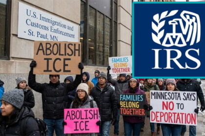 Minnesota protesters on the snowy streets protesting against ICE immigration, with an insert of IRS logo.
