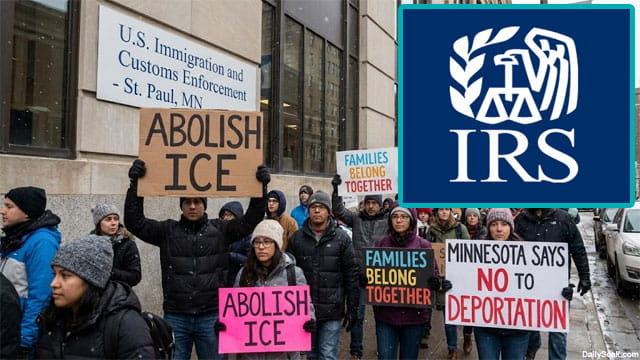 Minnesota protesters on the snowy streets protesting against ICE immigration, with an insert of IRS logo.