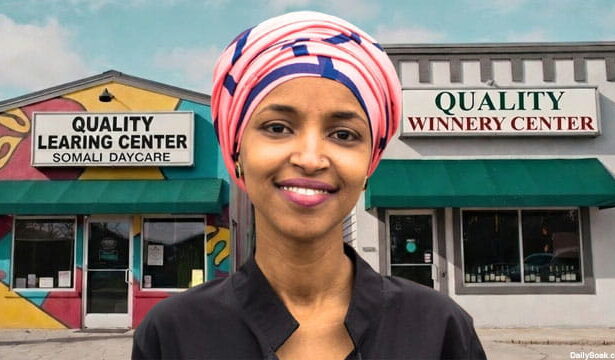 Black female Congresswoman Ilhan Omar standing in front of Somali daycare center.