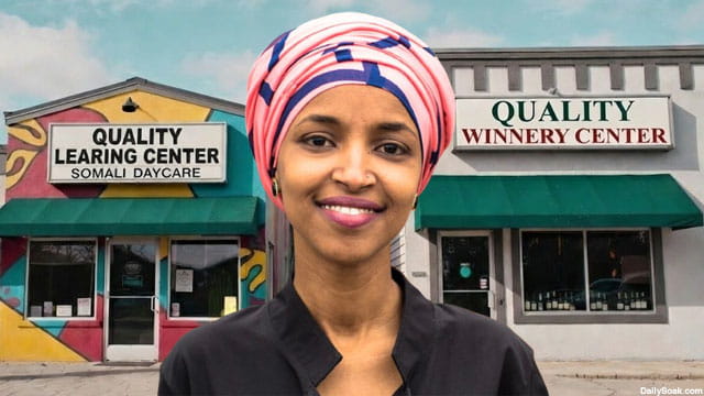 Black female Congresswoman Ilhan Omar standing in front of Somali daycare center.