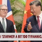 President Xi Jinping and UK Prime Minister Keir Starmer standing on stage in front of China and UK flags.