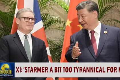 President Xi Jinping and UK Prime Minister Keir Starmer standing on stage in front of China and UK flags.