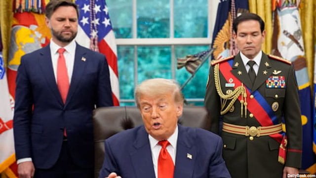 Marco Rubio wearing a Venezuela President uniform standing behind President Donald Trump inside of the White House.