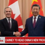 Canada's Mark Carney and Xi Jinping shaking hands on stage in China.