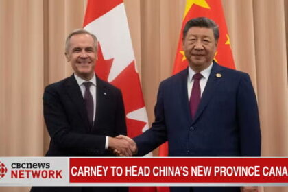 Canada's Mark Carney and Xi Jinping shaking hands on stage in China.
