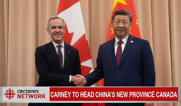 Canada's Mark Carney and Xi Jinping shaking hands on stage in China.