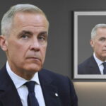 Prime Minister Mark Carney standing in front of a picture frame of himself.