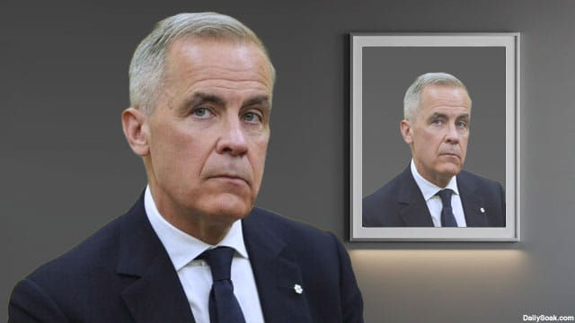 Prime Minister Mark Carney standing in front of a picture frame of himself.