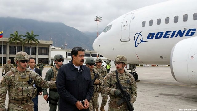 Venezuela dictator Nicolás Maduro in handcuffs surrounded by US military standing in front of a Boeing plane.