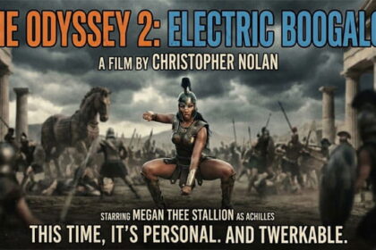 Parody poster of Christopher Nolan's The Odyssey movie with a twerking Megan Thee Stallion.