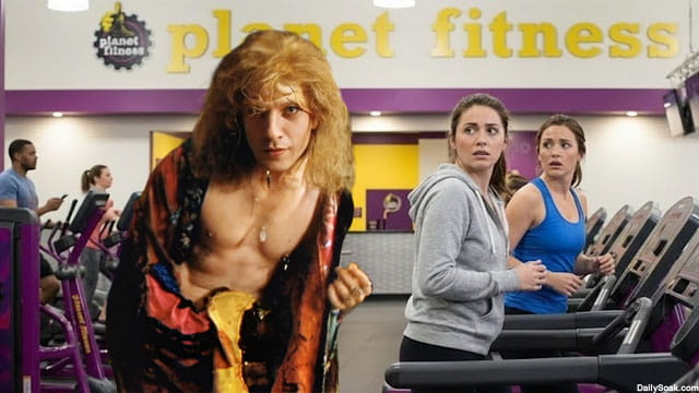 Transgender serial killer Buffalo Bill standing in front of a Planet Fitness gym.