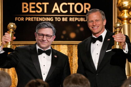 Republican RINOs Mike Johnson and John Thune receiving a Golden Globe award.