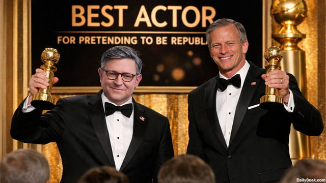 Republican RINOs Mike Johnson and John Thune receiving a Golden Globe award.