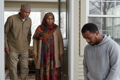 Somali mom and dad standing at doorway of house yelling at their Somali son with his head down outside in snowy Minnesota.