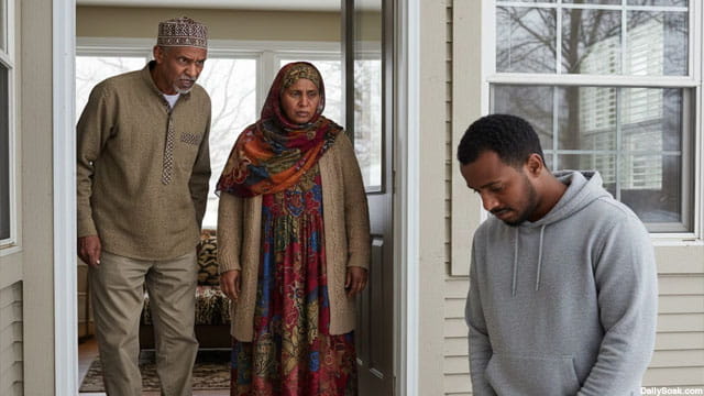 Somali mom and dad standing at doorway of house yelling at their Somali son with his head down outside in snowy Minnesota.