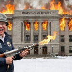 Tim Walz holding a flamethrower in front of a Minnesota government building engulfed in flames.