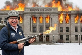 Tim Walz holding a flamethrower in front of a Minnesota government building engulfed in flames.